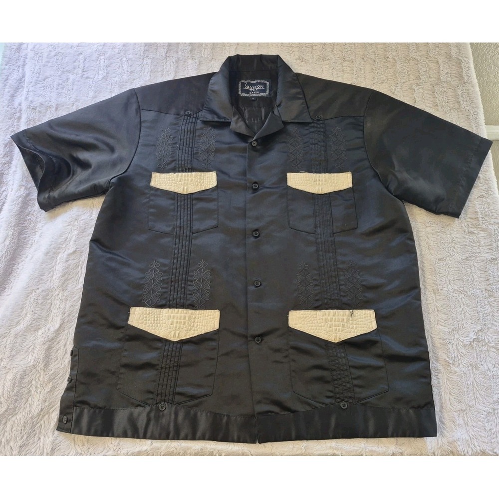 Vintage Guayabera Western Shirt Ostrich Trim Men's XL Satin Black Embroidered